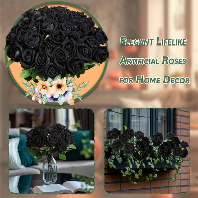 50 PCS Fake Black Roses, Artificial Flowers Bulk, Realistic Silk Faux Roses - Image 4