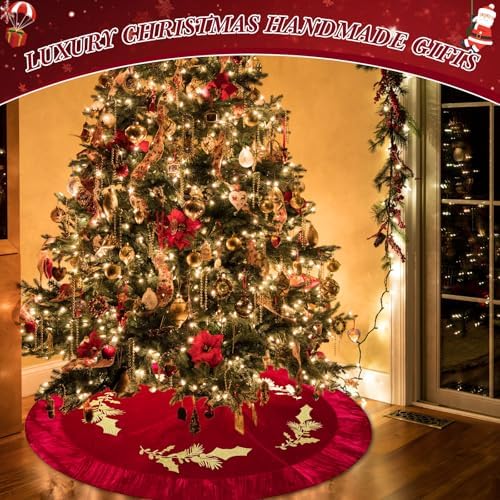 48 Inches Velvet Christmas Tree Skirt Red Wine Luxury Xmas Gold Fur Plush Skirts with Gold Embroidered Holly for Merry Christmas Party Rustic Vintage Holiday Home Winter Decorations - Image 2