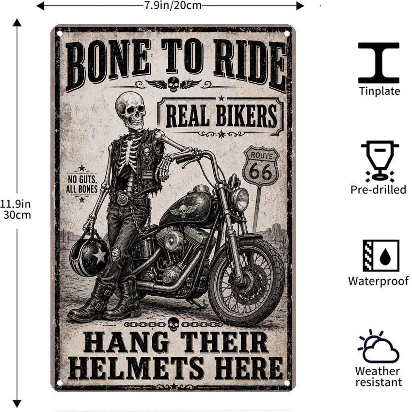 Vintage Metal Tin Sign Halloween Skeleton Biker Motorcycle Retro Wall Decor for Garage Man Cave 8×12 Inches with Metal Frame - Image 7