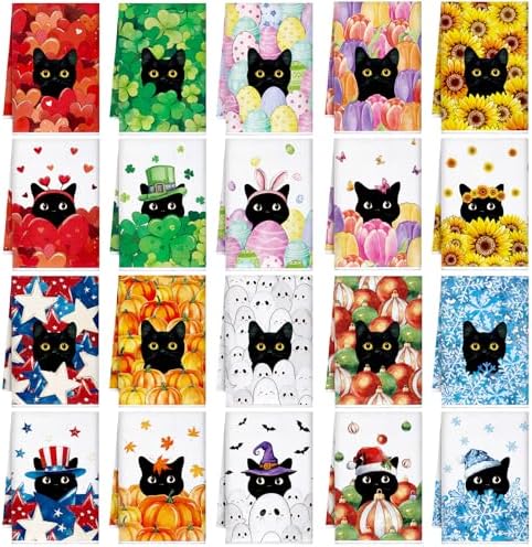 FuWeave Black Cat 20 Pcs Seasonal Holiday Kitchen Hand Towels Set by FuWeave