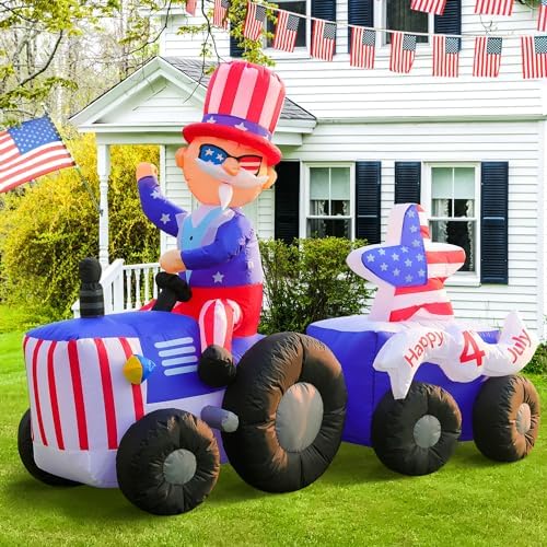 DomKom 6FT Patriotic Independence Day 4th of July Memorial Day Inflatable Outdoor Decoration, Uncle Sam Drive Tractor, LED Lights Holiday Blow Up for Fourth of July Party Garden Yard Lawn Decor - Image 2