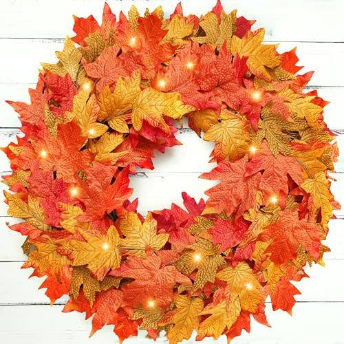 26 Inch Lighted Large Fall Wreaths for Front Door, Autumn Reef with Lights Timer Featuring 90 Orange Silk Maple Leaf Fall Door Wreath for Thanksgiving Harvest Decor, Outdoor Indoor Porch Decorations by Grandeal