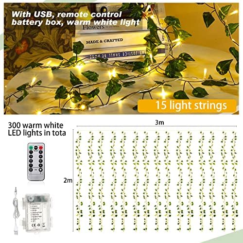 Unittype 15 Pcs 6.6 ft Fake Vines with Lights for Bedroom 300 LED, Ivy Leaf - Image 3