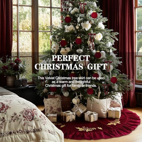 Christmas Tree Skirt, 60 Inches, Gold Embroidered Holly Style, Red - Image 3