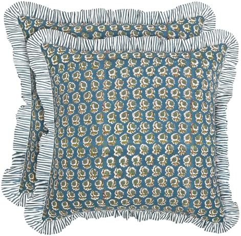 Ridhi Block Print Peacock Blue Throw Pillow Cover 20" x 20" (Pack of 2) Decorative Cushion Covers with Ruffle for Couch, Sofa, Bed, Living Room, Home Decor Gift for Spring, Easter, Valentine by Ridhi