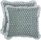 Ridhi Peacock Blue Floral Block Print Throw Pillow Covers 16x16 Inch by Ridhi