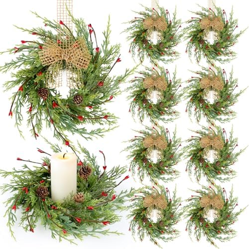 8 Pcs 9 Inch Christmas Wreaths for Kitchen Cabinet Artificial Cedar Pine Hanging Wreath with Red Berries Pine Needles for Front Door Xmas Swag Wreaths for Christmas Winter Farmhouse Home Decorations by Unknown