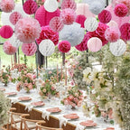 WOLHOWLTD Rosy Pink White Paper Decoration Set - 38 Pcs Paper Lanterns, Pompoms, Honeycomb for Wedding,Engagement,Bachelorette,Baby Shower,Valentine's,Home Decoration (Rosy Pink White) - Image 3