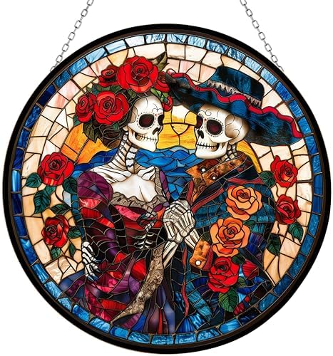 Day of The Dead Couple Stained Glass Suncatcher Window Hangings, Mexican Skull Decor, Sugar Skull Gifts for Women 9.8" by HYPESTYLE