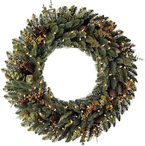 Balsam Hill Mountain Meadow Christmas Wreath - Premium True Needle Front Door Wreath with Natural Elements & Battery-Operated LED Clear Lights Available in 26" and 32" Sizes, 32" by BalsamHill