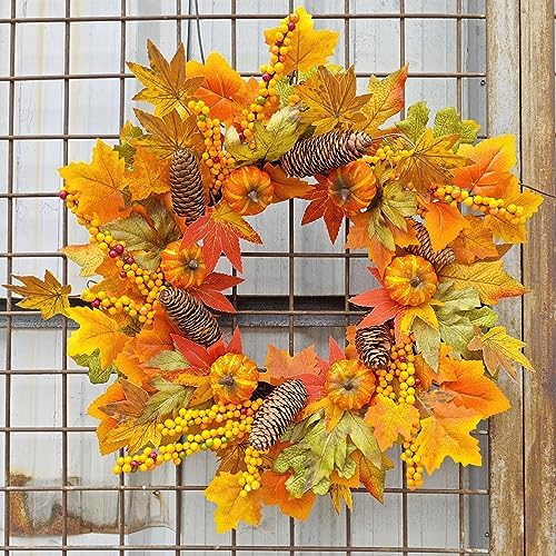 GLLBTPT 20in Fall Wreath Full Handcrafted Autumn Front Door Wreath with Pumpkins Maple Leaves Berries for Halloween Thanksgiving Harvest Decoration (Maple Leaf) - Image 7