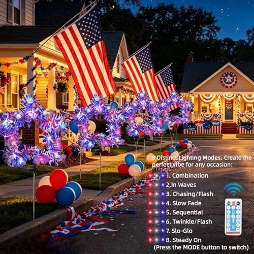 2 Pack July 4th American Flag Solar American Flag Lights July 4th Solar Patriotic Flag Lights, 8 Modes Garden Pile Lights 50 LED Garden Landscape Lights Street Lights (Red White & Blue) - Image 3