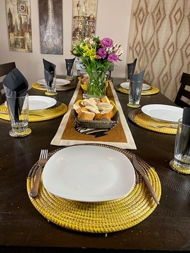 Senegal Placemats/African Bohemian Woven Seagrass Placemats/Natural Wicker Round Basket Placemats/Decorative Hanging Wicker Plates/Hanging Wall Decor (Black & Yellow) - Image 5