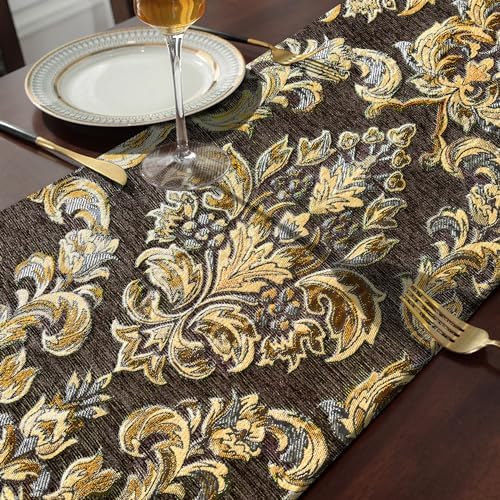 108" Table Runner Dark Brown French Baroque Gold Floral Vintage Tablecloth - Image 5