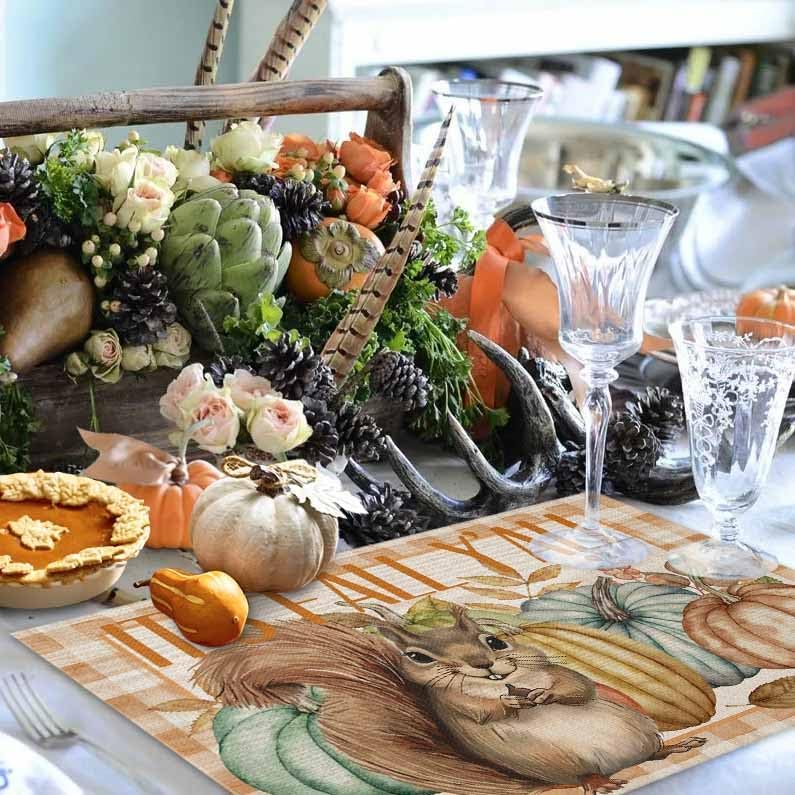 Farmhouse Squirrel Fall Placemats Set of 6, Harvest Pumpkin Maple Leaves Non-Skid Place mats, Wooden Autumn Holiday Table Mats, Thanksgiving Decorations Tablemats for Party/Dining Room/Kitchen - Image 4