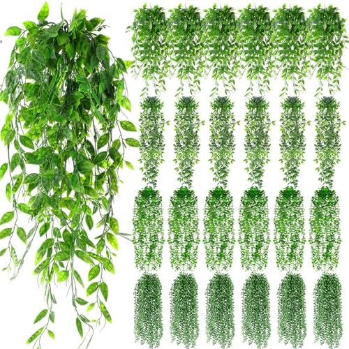 Daifunli 24 Pcs Artificial Hanging Plants Fake Hanging Ferns Plastic Fake Plants for Wall Room Garden Garland Indoor Outdoor Decor No Basket (Eucalyptus,Mandala,String of Pearls,Pea) by Huiinen