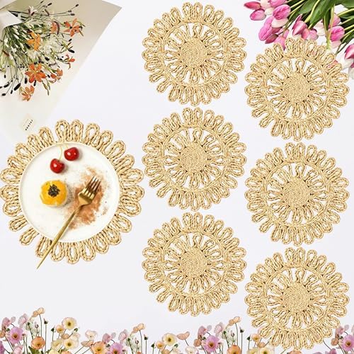 IcosaMro 13 Inch Boho Round Woven Placemats Set of 6 Natural Place Mats - Image 2