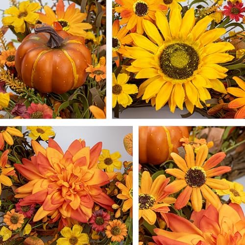 JINGHONG Artificial Fall Wreath 22 Inch Fall Wreaths for Front Door Autumn Flower Wreath with Sunflower Daisy Dahlia Pumpkin for Indoor Outdoor Window Wall Porch Harvest and Thanksgiving Celebration - Image 5
