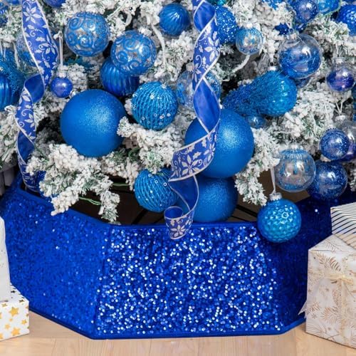 XmasExp Christmas Tree Collar, 33.5 inch Sequin Tree Skirt Stand Base Cover for Home Decor, Large Size 6 Piece, Blue by XmasExp
