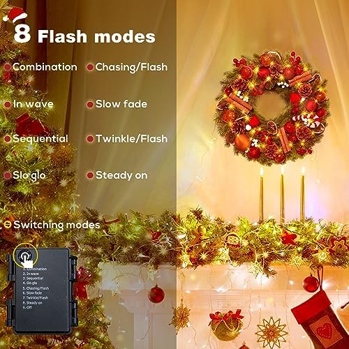 Quntis 16 Inch Christmas Wreath with 40 Lights 8 Modes, Lovely Christmas Door Wreath Decorations Artificial Xmas Wreath with PineCones Dried Lemon Pieces, Winter Wreaths Outdoor Porch Fireplace Window - Image 4