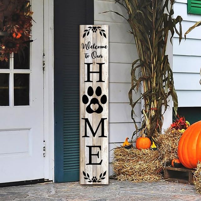 FemiaD Outdoor Welcome Sign for Front Porch Standing Large Wooden Tall Vertical Leaner Welcome To Our Home Front Door Sign for Porch Rustic Outside Farmhouse Dog Porch Sign 8x63inch - Image 4