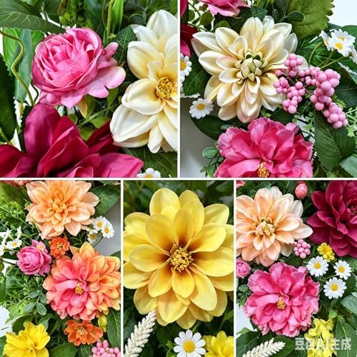 24 Inch Spring Summer Wreath for Front Door - Artificial Floral Wreath with Roses, Dahlia and Tulip Flowers and Green Leaves, Farmhouse All Season Home Decor for Indoor Outdoor Wall Porch - Image 5