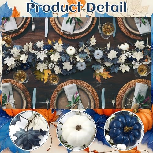 Zeyune 6ft Blue Pumpkin Fall Garland Maple Leaves White Pumpkins Decor - Image 3