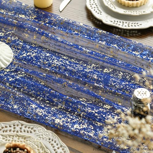 Artoid Mode 10PCS Blue Gold Gauze Table Runner 120 Inch 10FT, Glitter Metallic Foil Sheer Dining Wedding Anniversary Holiday Table Decor for Home Party - Image 6