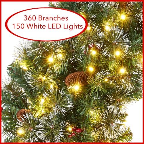 Casafield 36" Pre-Lit Fir Artificial Christmas Wreath Holiday Décor, 150 LED Lights, 360 PVC Tips Pinecones, Berries for Front Door, Window, or Mantel - Image 2