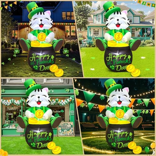 KOOY 4FT St Patricks Day Inflatables Outdoor Decorotion, Happy Saint Patricks Day Blow Up inflatables Cat with Leprethaun Hat Sit on Gold Pot, Patrick Decorations for Holiday Party Garden Lawn Décor - Image 2