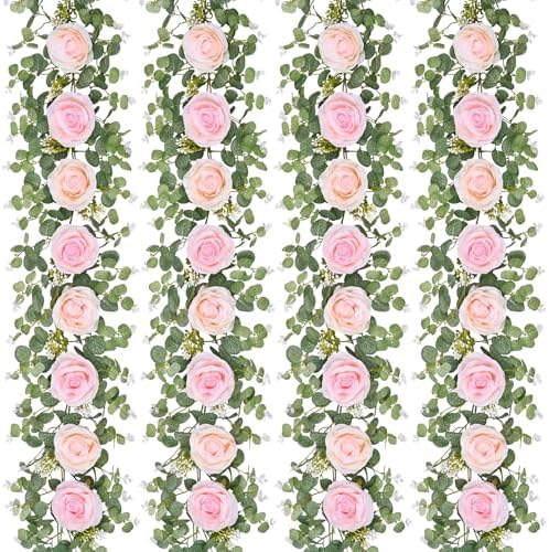 Dolicer 4Pcs 26 Ft Artificial Eucalyptus Garlands with Flowers - 8 Roses, Faux Floral Greenery Garlands Fake Flowers Vines for Wedding Table Centerpieces Arch Party Ceremony Backdrop Decor (Pink) by DolicerLANDSCAPEQ