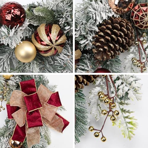 Christmas Garland for Front Door, 6 Foot Artificial Unlit Winter Garland with Pine Cones, Berry Clusters, Burgundy Ball Ornaments and Ribbon for Thanksgiving Holiday Christmas Decoration - Image 3