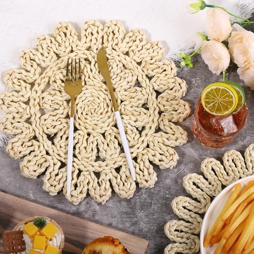 Kochorie 11.8 Inch Round Woven Placemats Set of 6 Handmade Corn Husk Placemats Natural Boho Rattan Woven Placemat Table Wicker Placemats for Farmhouse Spring Home Table - Image 5