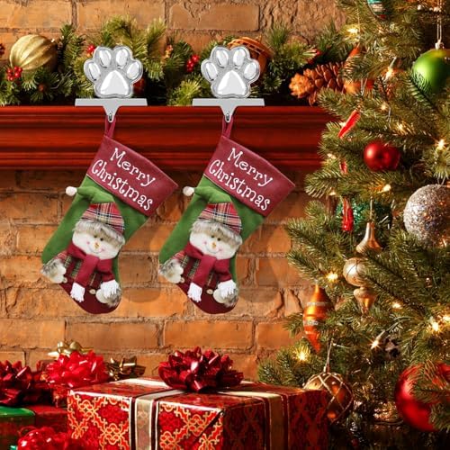Hxezoc 2 Pack Dog Paw Christmas Stocking Holders 3D Silver Metal Mantel Pet Paw Stocking Hangers for Christmas Fireplace Mantel Decorations Christmas Holiday Supplies - Image 6