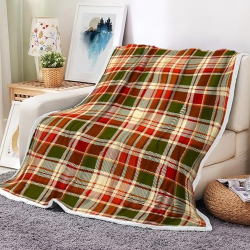JAWO Fall Throw Blanket, Autumn Green Red Plaid Fall Pumpkin Farmhouse Thanksgiving Cozy Bed Couch Blanket, Soft Comfy Fleece Flannel Throws Blankets Livingroom Bedroom Decor by JAWO