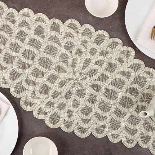CLEENTABLE Hand-Beaded Table Runner, Silver, 13x36 - Image 4