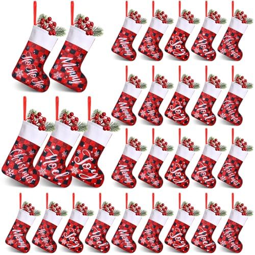 50 Pcs Mini Christmas Stocking Bulk 7" Buffalo Plaid, Red, Word by Glimin