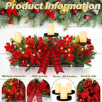 Christmas Centerpiece with 3 Candle Holders 3 LED Candles 1 String Lights Xmas Triple Candelabrum Poinsettia Red Buffalo Plaid Bow Berry Pine Cones with 3 Candle Holders for Tables Home Decorations - Image 4
