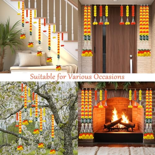 11PCS Diwali Decorations Marigold Garland for Home, Artificial Marigold with Bells and Leaves Long Strands for India Wedding, Pooja Decor, Marigold Flowers for All Year Decoration - Image 6