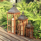 Large Farmhouse Wooden Metal Lantern Set of 3, 27''/22''/15'' H Rustic Decorative Indoor & Outdoor Hanging Candle Lanterns, Wooden Outdoor Lanterns for Patio Front Porch Table, Brown - Image 3