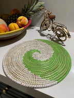 Senegal Placemats/African Bohemian Woven Seagrass Placemats/Natural Wicker Round Basket Placemats/Decorative Hanging Wicker Plates/Hanging Wall Decor (Green & White) - Image 3