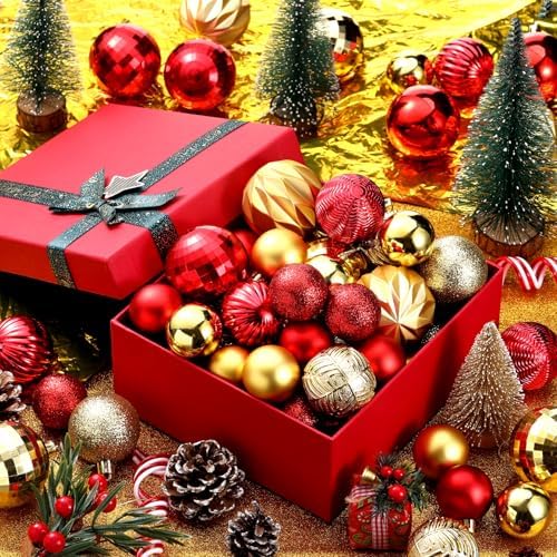 Lunmon 64 Pcs Red and Gold Christmas Ball Ornaments Glitter Xmas Bulbs - Image 2