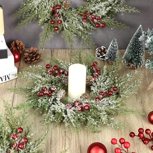 8 Pcs Mini Christmas Cabinets Wreath for Kitchen Small Christmas Ceder Candle Rings Wreaths Artificial Norfolk Pine Red Berry Garland Hanging Ornament Farmhouse Wreath for Holiday Xmas Party Decor - Image 2