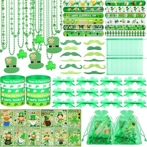 Kenning 96 Pcs St. Patrick's Day Accessories Party Favor Set, Including Four-leaf Glasses, Necklaces, Bracelets, Stickers, Mustaches, Slap Bracelets, Organza Gift Bags, Irish Decoration Party Supplies by Kenning