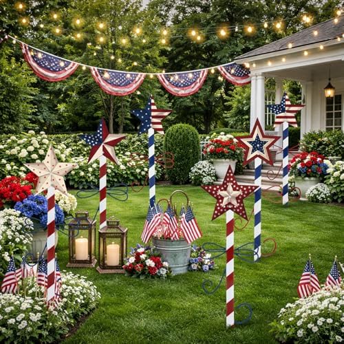 6 Pcs 15" 4th of July Metal Yard Stakes Patriotic Outdoor Garden Decorations Stake Red Blue White Star Yard Sign for 250th Independence Day Porch Patio Walkway Lawn Decoration - Image 4