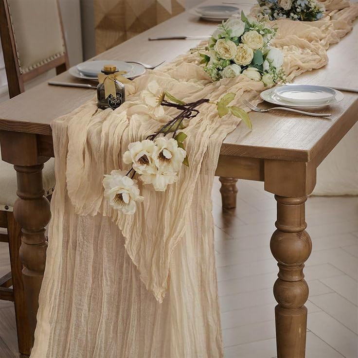 8 Pack 10Ft Beige Boho Gauze Cheesecloth Table Runner Long Wrinkled Sheer Romantic Table Cloths for Wedding Bridal Shower Birthday Party Table Decor - Image 7