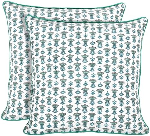 Ridhi Block Print Aquamarine Blue Pillow Cover 20" x 20" (Pack of 2) Decorative Couch Pillows for Living Room, Farmhouse Chic Boho Cute Outdoor Pillows Covers Gifts for Spring, Mother's Day by Ridhi