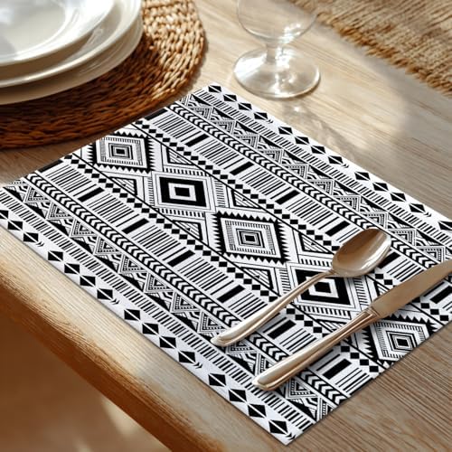 Shrahala White Boho Triangle Set of 6 12 X 18 Inch Linen Placemats, Black Geometric Bohemian Burlap Table Mat Washable Double Layered Heat Insulation for Indoor/Outdoor - Image 2