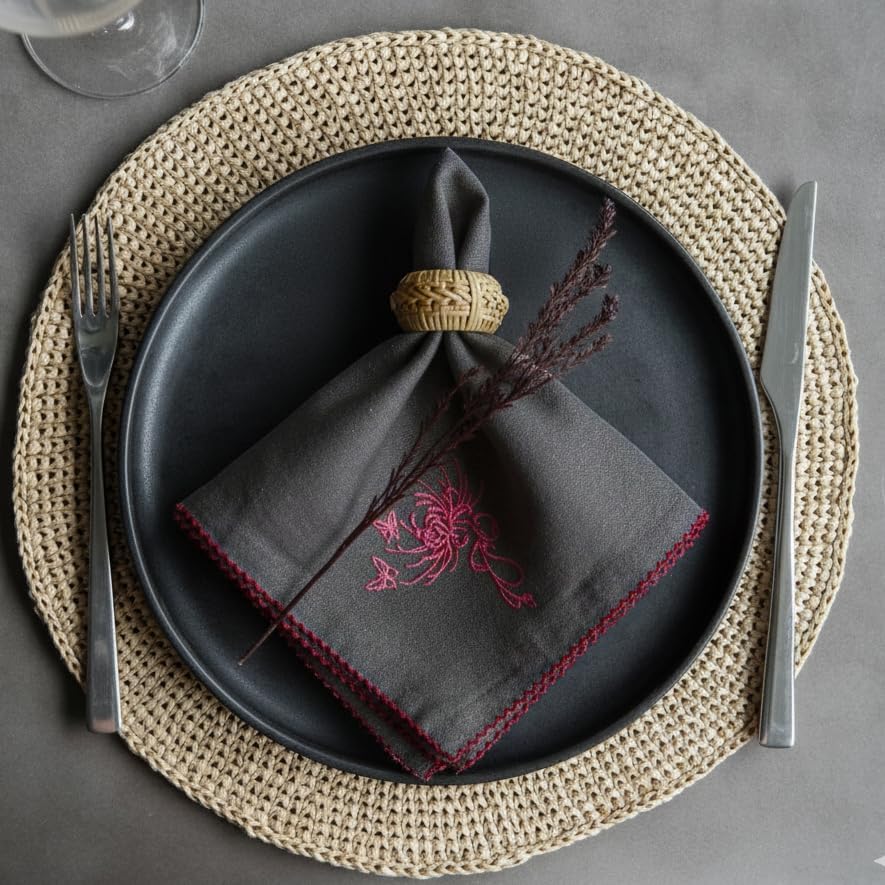Luxury Embroidered Cloth Napkins – Coal Flame, Set of 6, 18x18 | Charcoal Dinner Napkins with Pink Floral Motif | Elegant Cotton Blend Table Napkins for Christmas, New Year & Formal Dining by Unknown