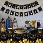 Ramadan Party Supplies Decorations for Home, Eid Ramadan Mubarak Banner Black and Gold Plates and Napkins Set, Disposable Paper Plates Napkins Banner Tablecloth for Ramadan Party Decorations, Serve 25 - Image 5